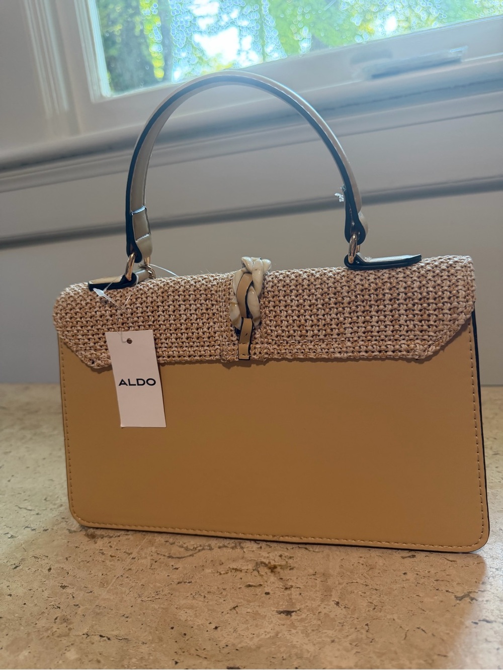 ALDO Cream/Tan Top Handle/Crossbody Purse Flower Charms, Woven Flap NWT - Picture 5 of 8